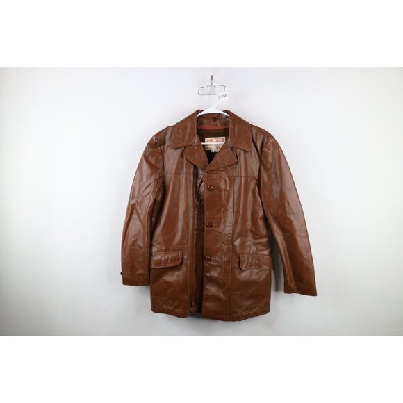 Vintage 70s Streetwear Mens 40 Fleece Lined Leather Button Jacket Brown USA